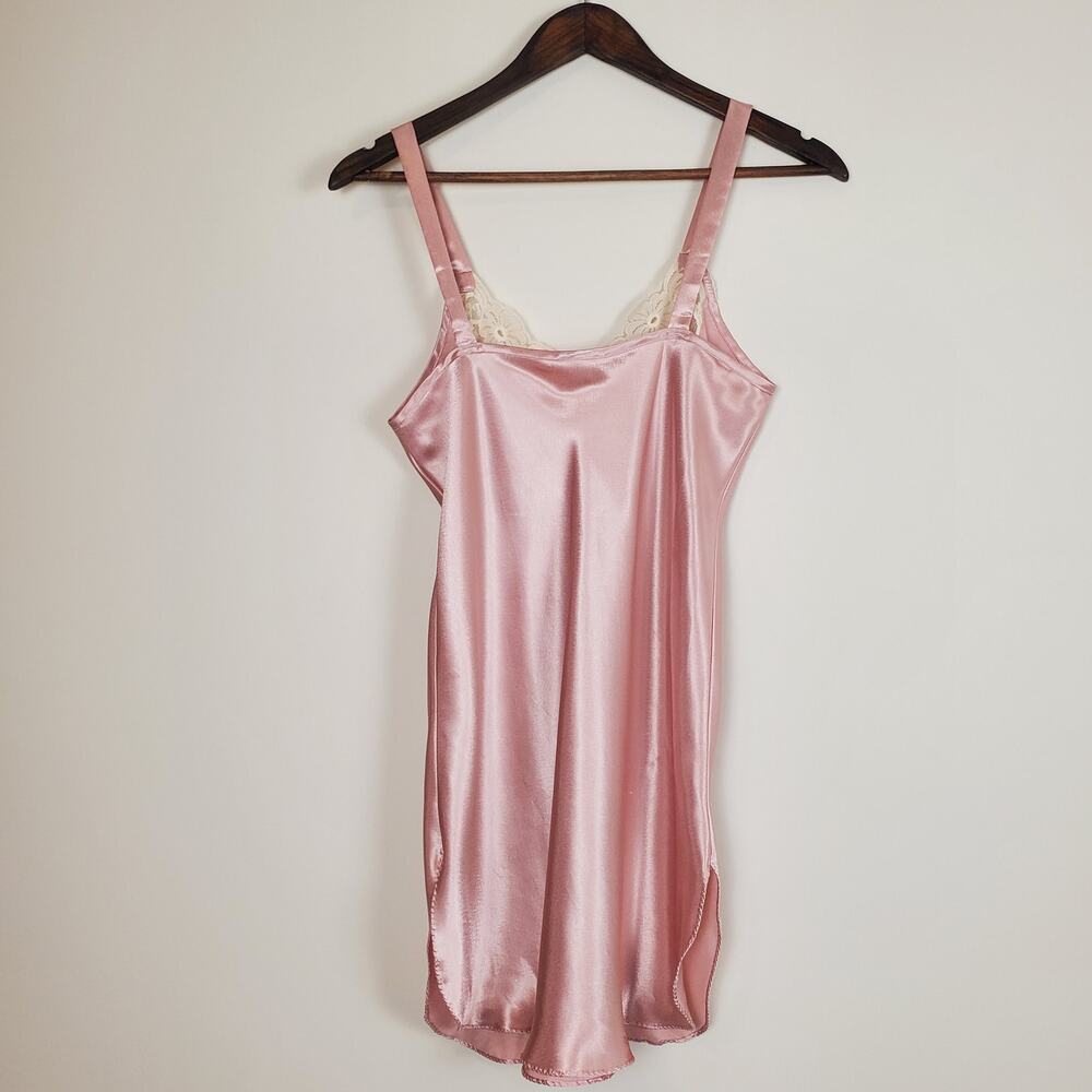 Vintage Rosette Satin Lace Slip Lingerie Dress Pink Cream Small - Picture 9 of 9